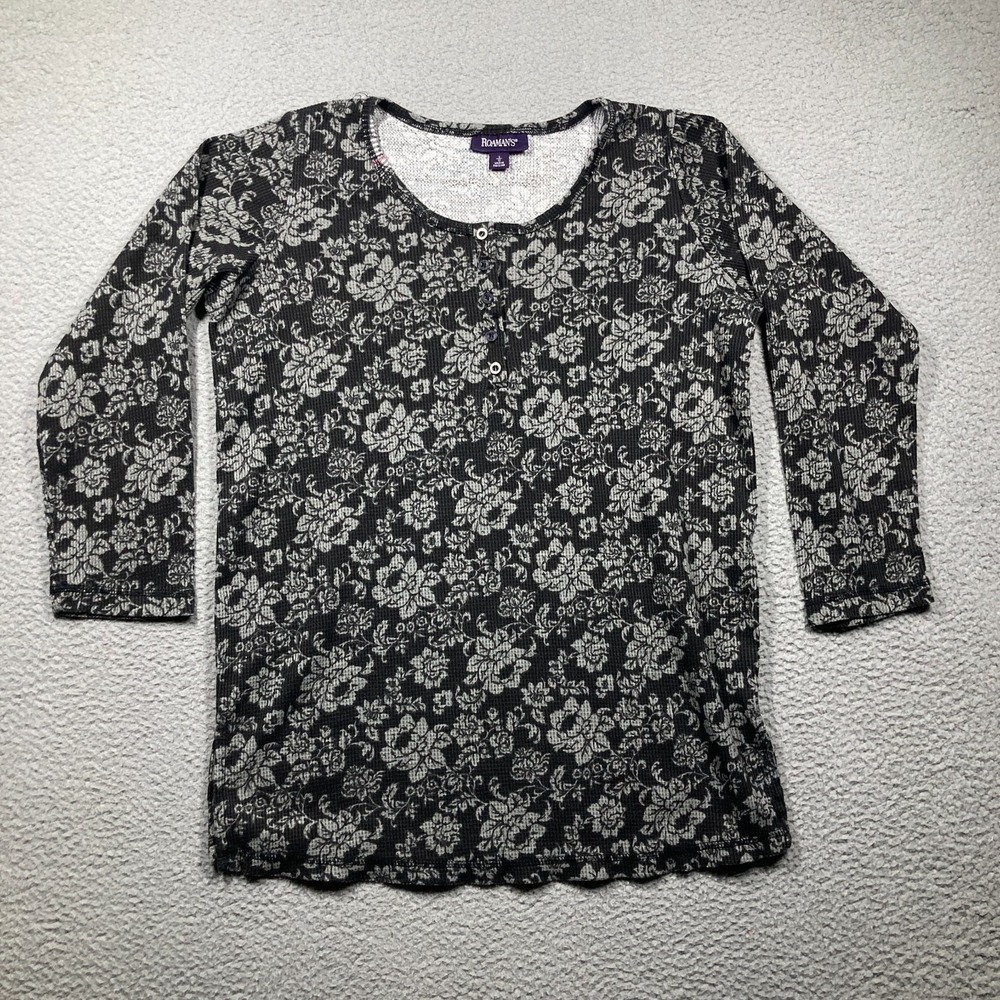 Roaman's Top Womens Small 12 Dark Gray‎ Floral Thermal Waffle Long Henley FLAW